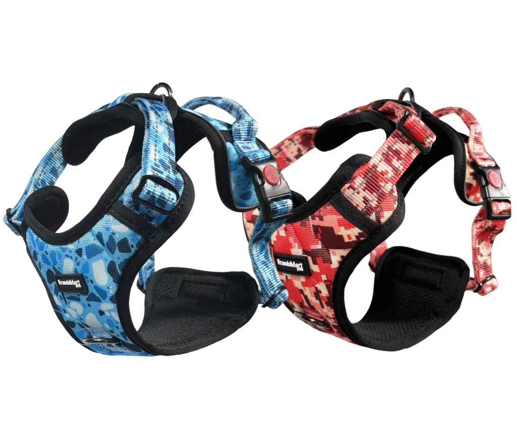 Blue and pink BrandsMart No-Pull Dog Harnesses next to each other