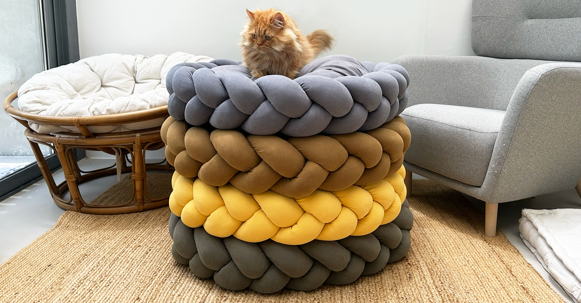 Persian cat resting on 4 Large Round Plush Pet beds with Braided Knit Border stacked on each other